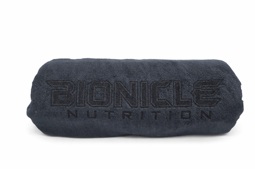 Black towel with 'Bionicle Nutrition' text on a white background